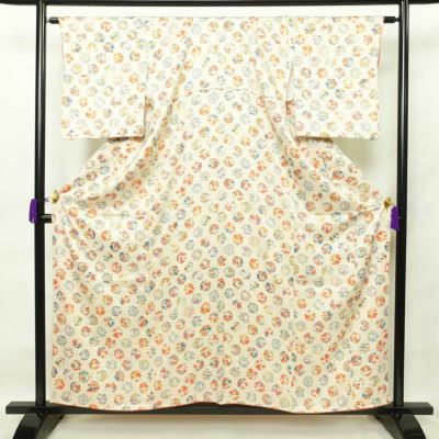 小紋 縮緬 総柄 正絹 風景柄 袷仕立て 身丈152cm 裄丈63.5cm