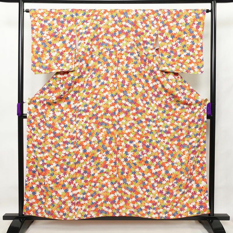 小紋 良品 縮緬 正絹 木の葉・植物柄 袷仕立て 身丈157.5cm 裄丈66cm 紅葉 橙_画像1