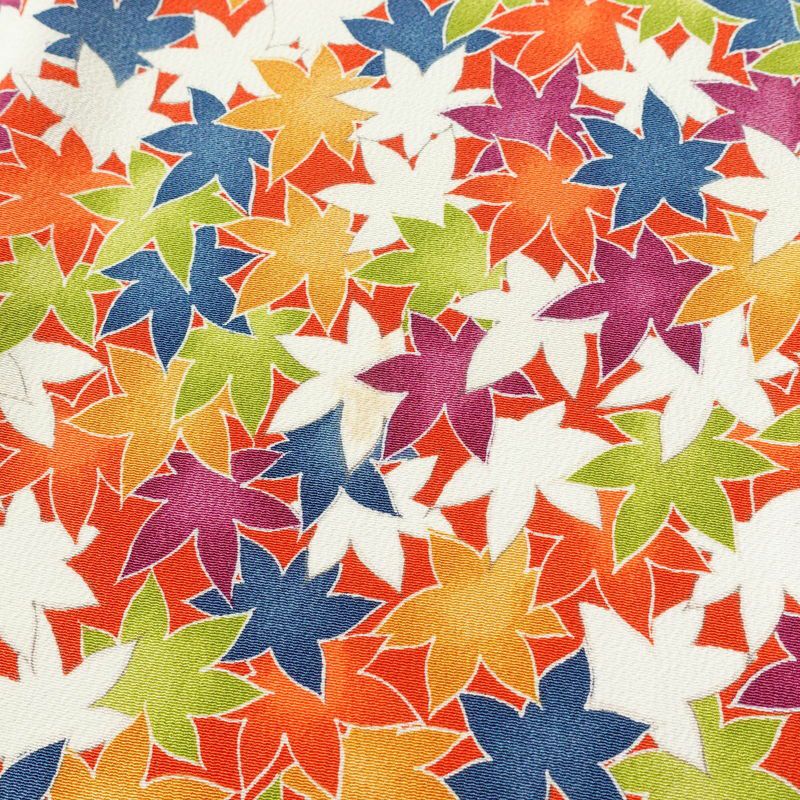 小紋 良品 縮緬 正絹 木の葉・植物柄 袷仕立て 身丈157.5cm 裄丈66cm 紅葉 橙_画像6