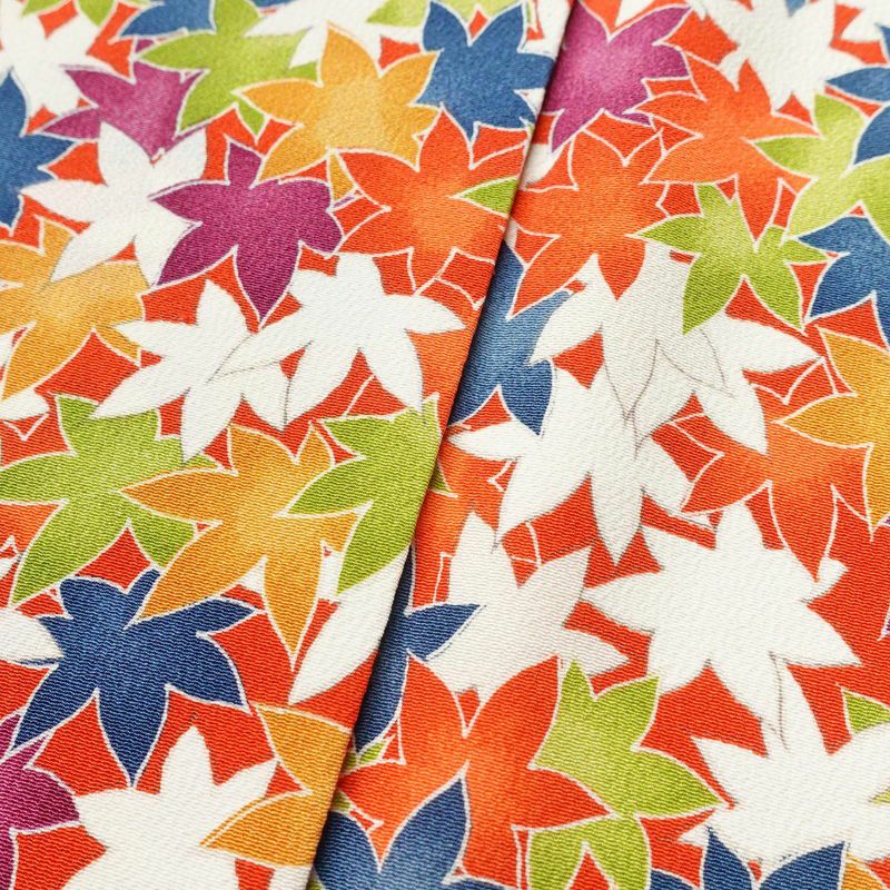 小紋 良品 縮緬 正絹 木の葉・植物柄 袷仕立て 身丈157.5cm 裄丈66cm 紅葉 橙_画像8