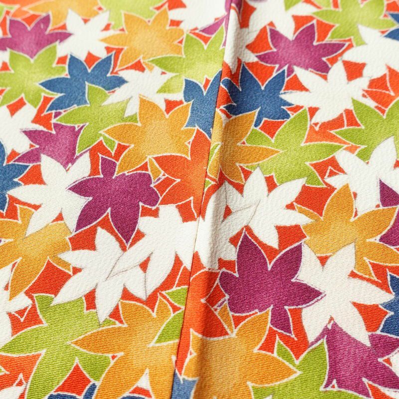 小紋 良品 縮緬 正絹 木の葉・植物柄 袷仕立て 身丈157.5cm 裄丈66cm 紅葉 橙_画像9