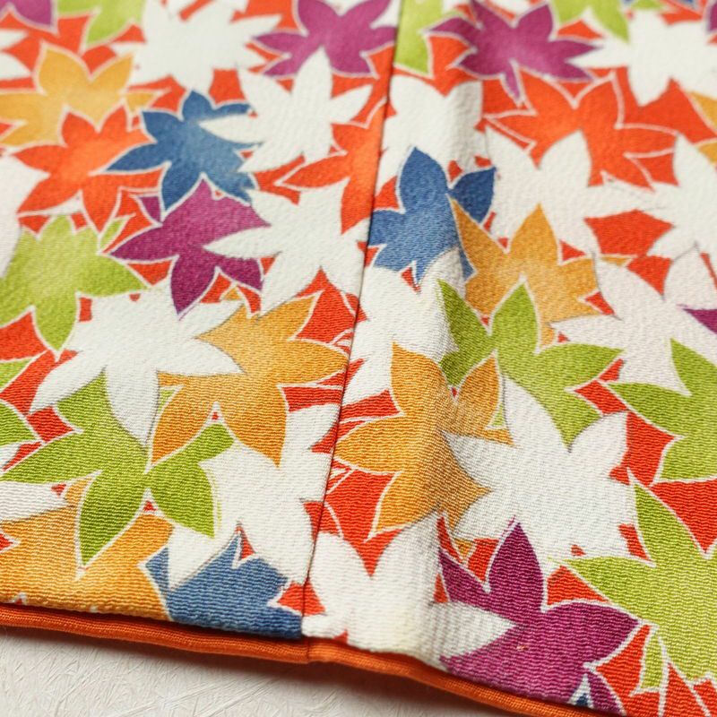 小紋 良品 縮緬 正絹 木の葉・植物柄 袷仕立て 身丈157.5cm 裄丈66cm 紅葉 橙_画像10