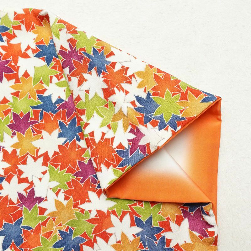 小紋 良品 縮緬 正絹 木の葉・植物柄 袷仕立て 身丈157.5cm 裄丈66cm 紅葉 橙_画像12