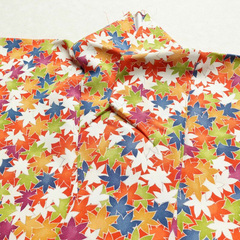 小紋 良品 縮緬 正絹 木の葉・植物柄 袷仕立て 身丈157.5cm 裄丈66cm 紅葉 橙_画像14