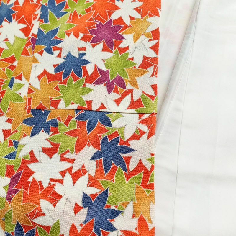 小紋 良品 縮緬 正絹 木の葉・植物柄 袷仕立て 身丈157.5cm 裄丈66cm 紅葉 橙_画像17