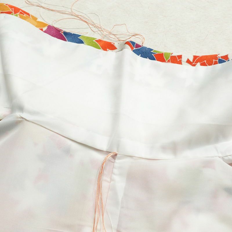 小紋 良品 縮緬 正絹 木の葉・植物柄 袷仕立て 身丈157.5cm 裄丈66cm 紅葉 橙_画像19