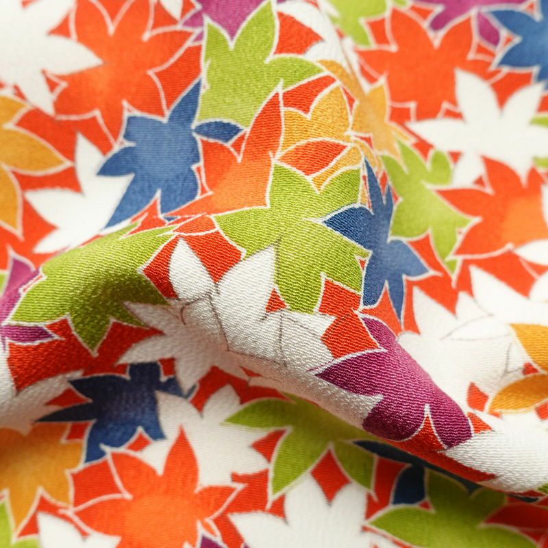 小紋 良品 縮緬 正絹 木の葉・植物柄 袷仕立て 身丈157.5cm 裄丈66cm 紅葉 橙_画像21