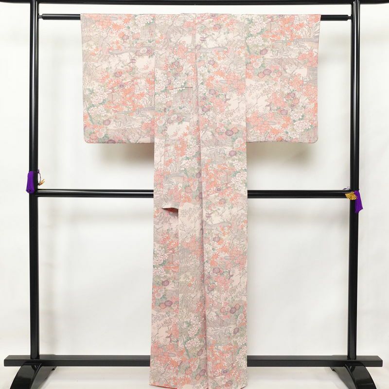 小紋 縮緬 正絹 花柄 袷仕立て 身丈162cm 裄丈64cm ピンク_画像2