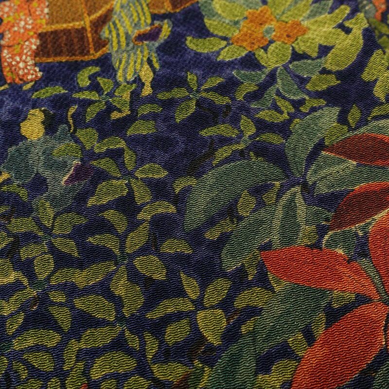 小紋 縮緬 正絹 木の葉・植物柄 袷仕立て 身丈150.5cm 裄丈63.5cm 金彩 青・紺_画像7