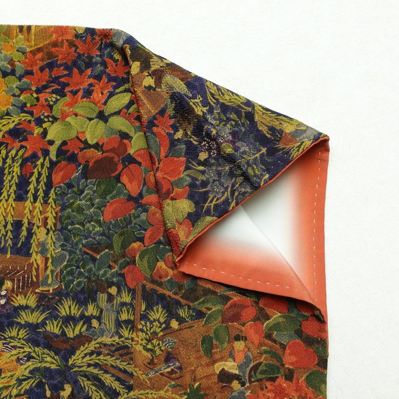 小紋 縮緬 正絹 木の葉・植物柄 袷仕立て 身丈150.5cm 裄丈63.5cm 金彩 青・紺_画像13