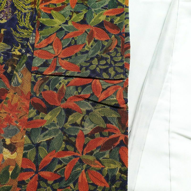小紋 縮緬 正絹 木の葉・植物柄 袷仕立て 身丈150.5cm 裄丈63.5cm 金彩 青・紺_画像16