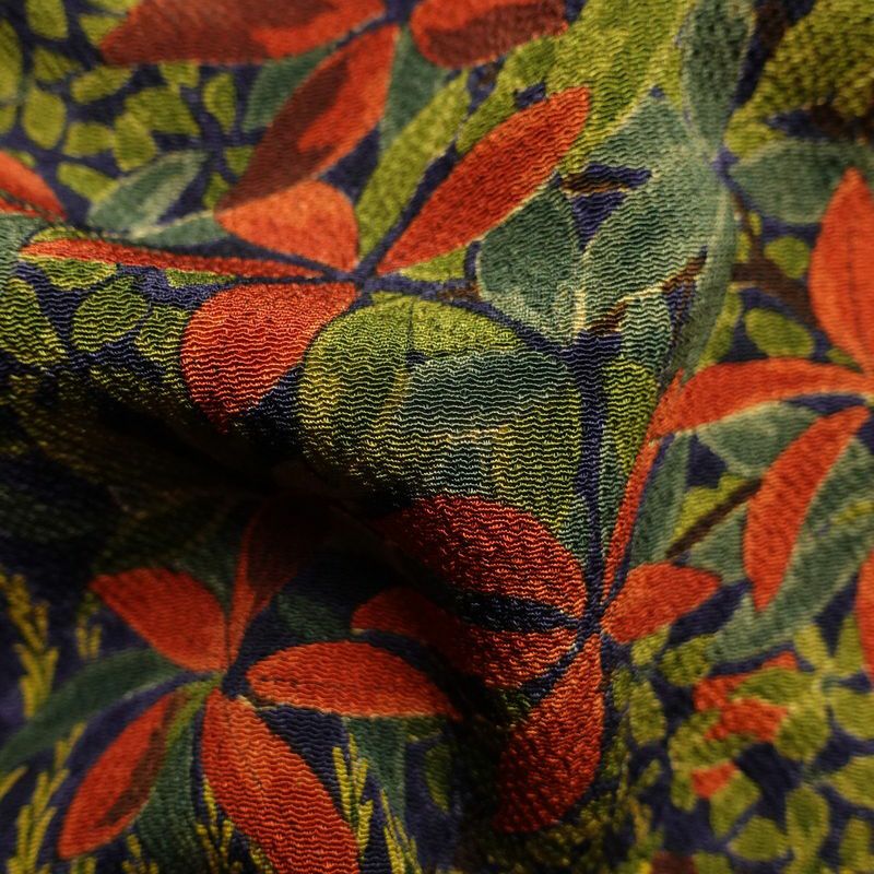 小紋 縮緬 正絹 木の葉・植物柄 袷仕立て 身丈150.5cm 裄丈63.5cm 金彩 青・紺_画像21