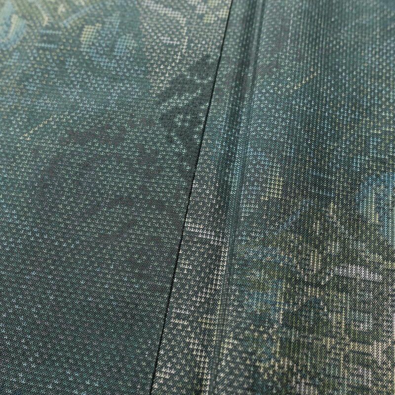 紬 良品 正絹 幾何学柄・抽象柄 袷仕立て 身丈160cm 裄丈65cm 一部しつけ糸付き 緑・うぐいす色_画像8