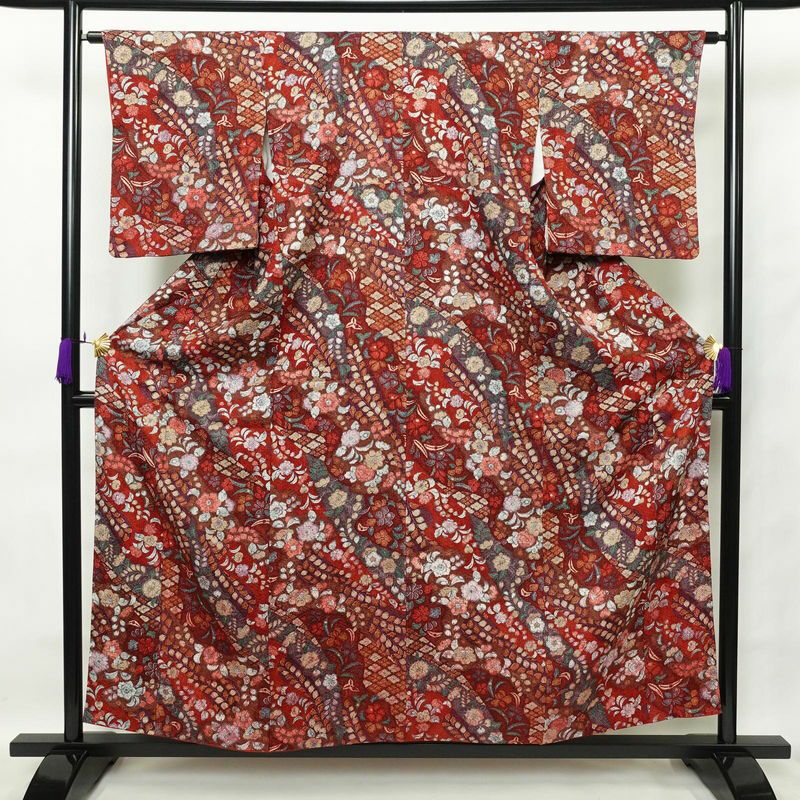 小紋 良品 正絹 花柄 袷仕立て 身丈156.5cm 裄丈63.5cm 辻が花風 赤・朱_画像1