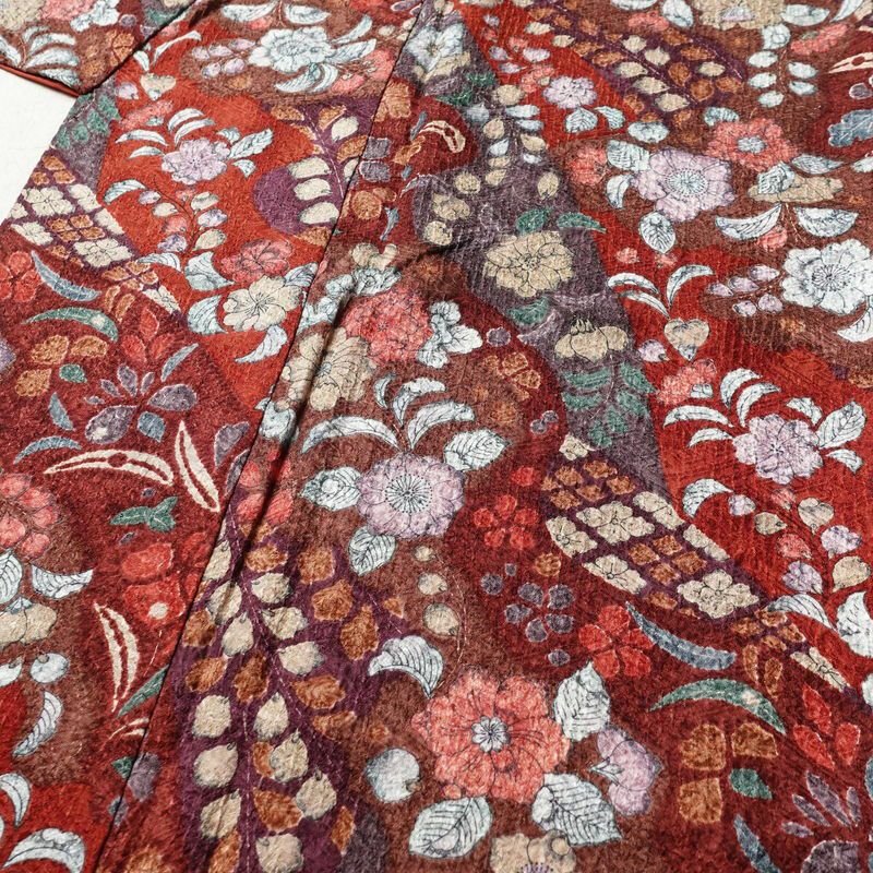 小紋 良品 正絹 花柄 袷仕立て 身丈156.5cm 裄丈63.5cm 辻が花風 赤・朱_画像5