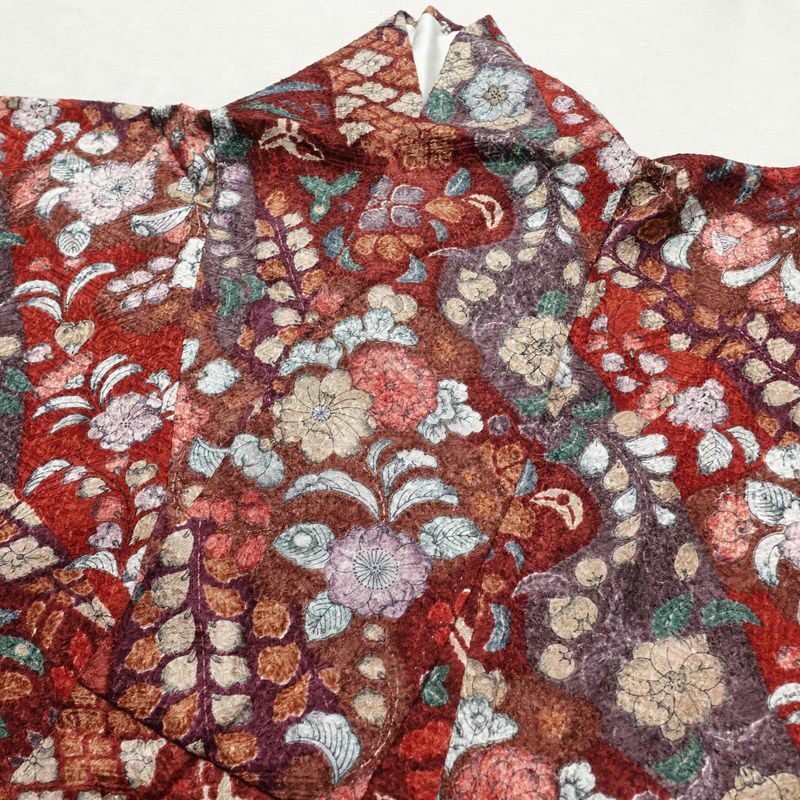 小紋 良品 正絹 花柄 袷仕立て 身丈156.5cm 裄丈63.5cm 辻が花風 赤・朱_画像15