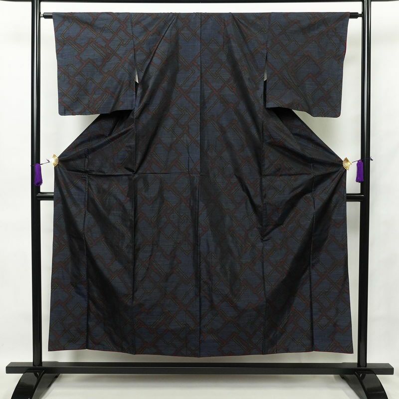 紬 正絹 幾何学柄・抽象柄 袷仕立て 身丈154.5cm 裄丈63cm 着物 青・紺_画像1
