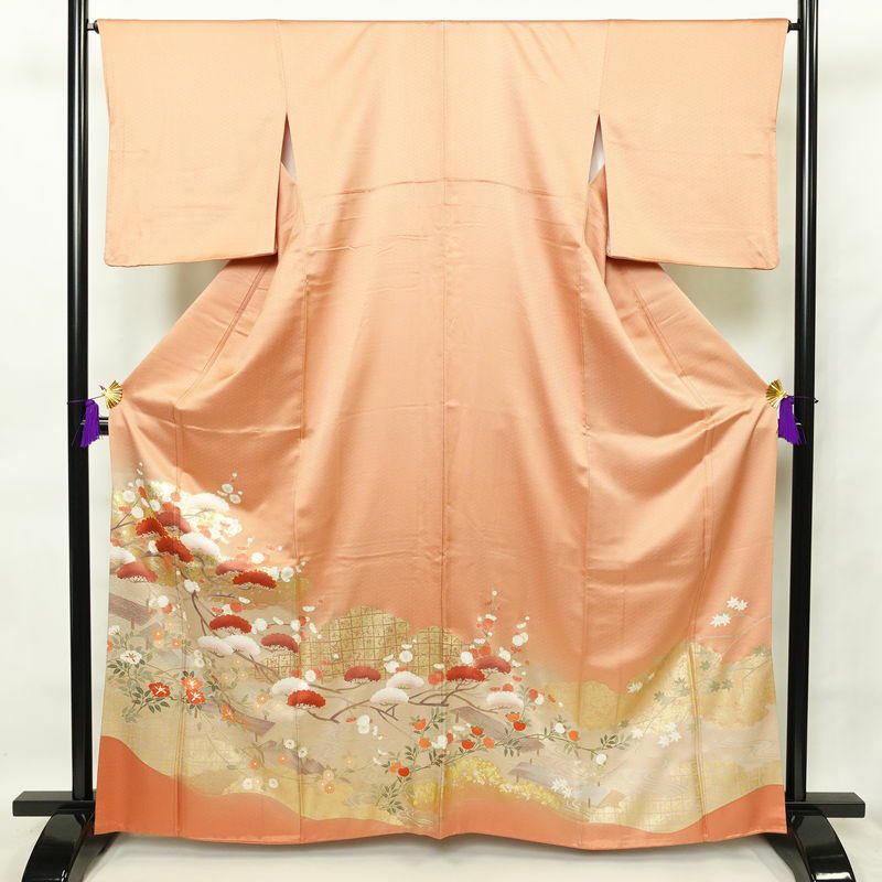 色留袖 良品 綸子 金駒刺繍 一つ紋付き 正絹 古典柄 袷仕立て 身丈164cm 裄丈66.5cm 箔 共八掛 金彩 橙_画像1