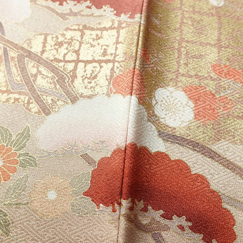 色留袖 良品 綸子 金駒刺繍 一つ紋付き 正絹 古典柄 袷仕立て 身丈164cm 裄丈66.5cm 箔 共八掛 金彩 橙_画像9