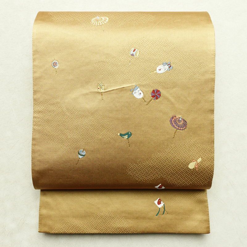 袋帯 六通柄 正絹 古典柄 刺繍 独楽 傘 黄・黄土色_画像1
