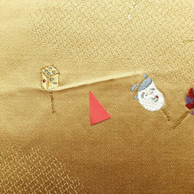 袋帯 六通柄 正絹 古典柄 刺繍 独楽 傘 黄・黄土色_画像3