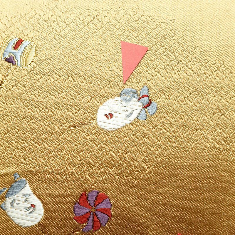 袋帯 六通柄 正絹 古典柄 刺繍 独楽 傘 黄・黄土色_画像5