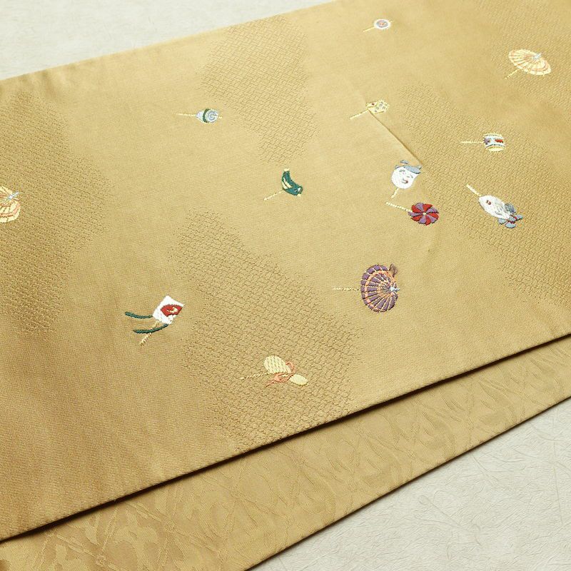 袋帯 六通柄 正絹 古典柄 刺繍 独楽 傘 黄・黄土色_画像13