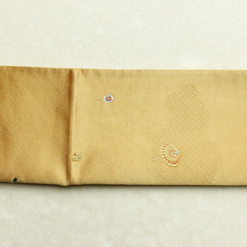 袋帯 六通柄 正絹 古典柄 刺繍 独楽 傘 黄・黄土色_画像16