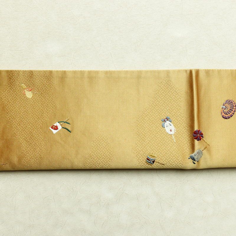 袋帯 六通柄 正絹 古典柄 刺繍 独楽 傘 黄・黄土色_画像17