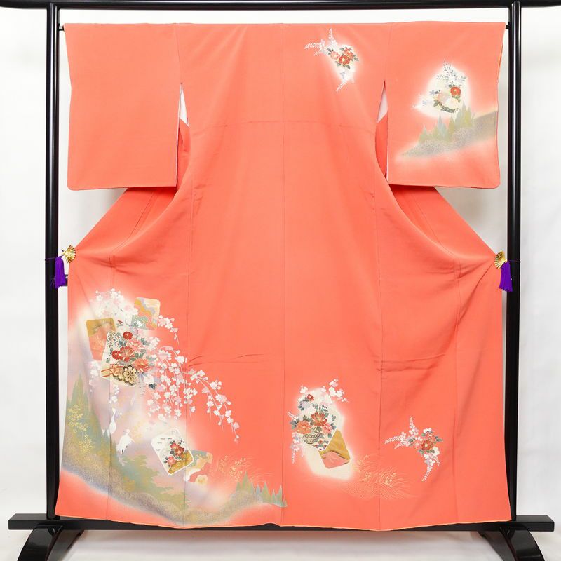 訪問着 縮緬 正絹 古典柄 袷仕立て 身丈158.5cm 裄丈67cm 箔 ピンク_画像1