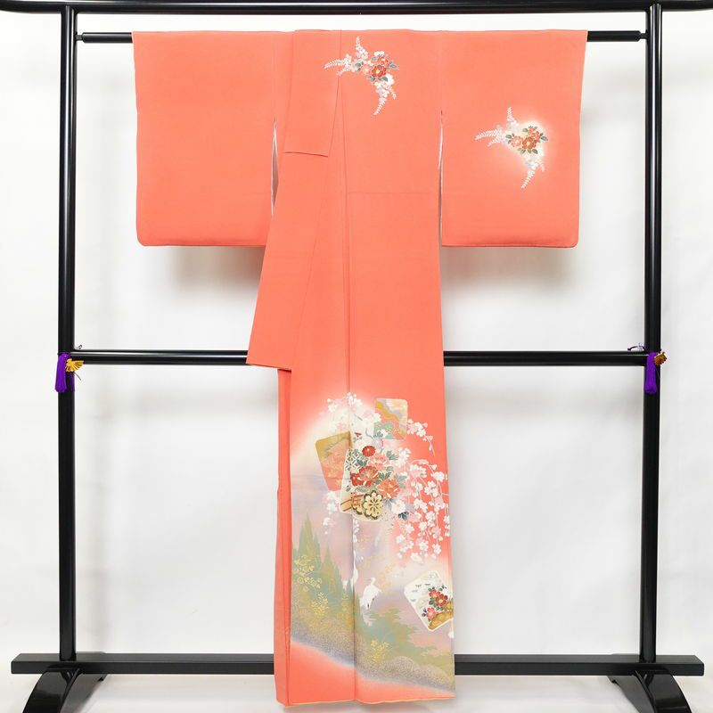 訪問着 縮緬 正絹 古典柄 袷仕立て 身丈158.5cm 裄丈67cm 箔 ピンク_画像2