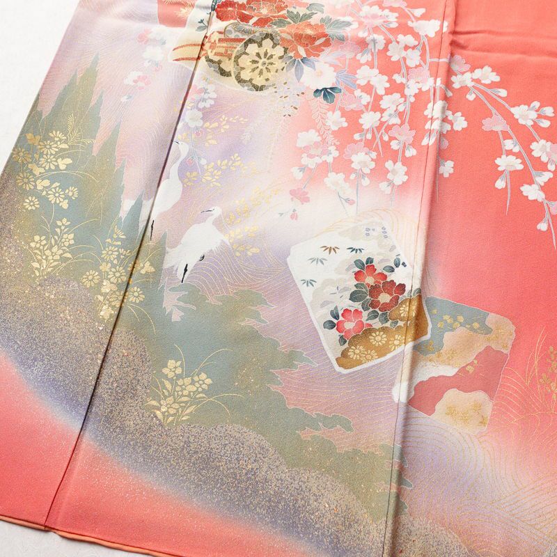 訪問着 縮緬 正絹 古典柄 袷仕立て 身丈158.5cm 裄丈67cm 箔 ピンク_画像4