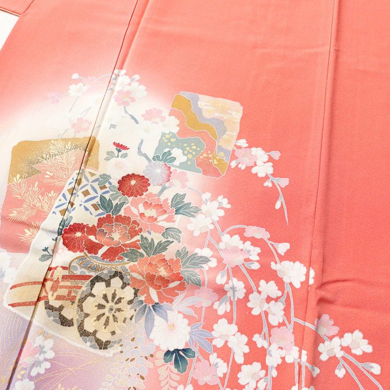 訪問着 縮緬 正絹 古典柄 袷仕立て 身丈158.5cm 裄丈67cm 箔 ピンク_画像5