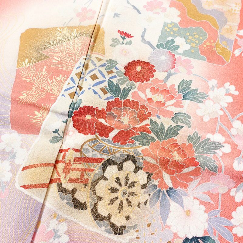 訪問着 縮緬 正絹 古典柄 袷仕立て 身丈158.5cm 裄丈67cm 箔 ピンク_画像6