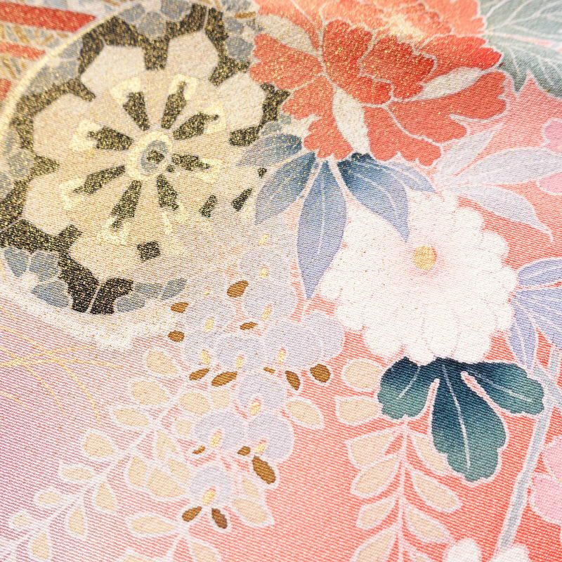 訪問着 縮緬 正絹 古典柄 袷仕立て 身丈158.5cm 裄丈67cm 箔 ピンク_画像7