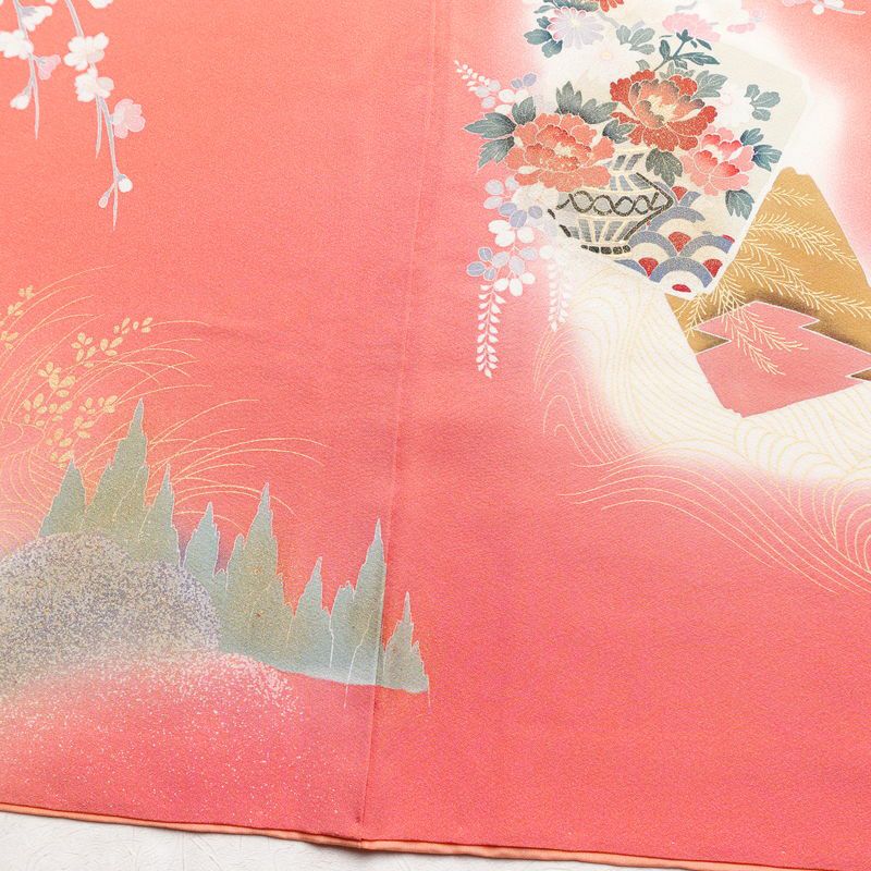 訪問着 縮緬 正絹 古典柄 袷仕立て 身丈158.5cm 裄丈67cm 箔 ピンク_画像10