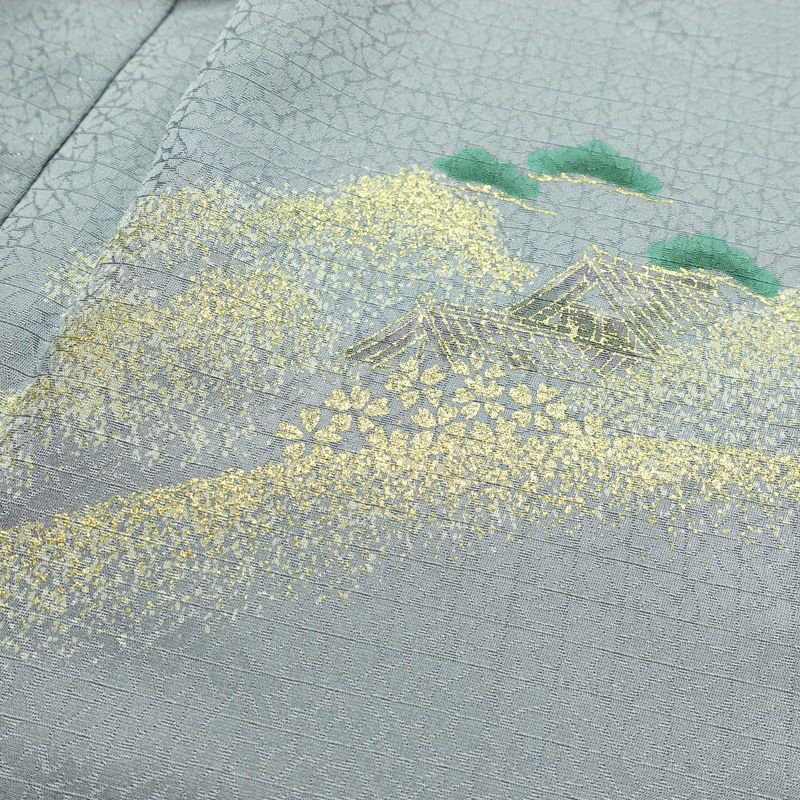 付け下げ 良品 しつけ糸付き 一つ紋付き 正絹 風景柄 袷仕立て 身丈160cm 裄丈64cm 箔 刺繍 青・紺_画像18