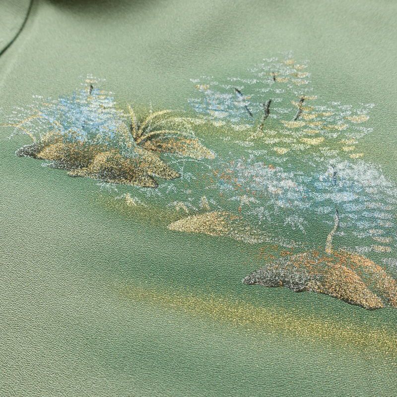 付け下げ しつけ糸付き 正絹 風景柄 袷仕立て 身丈159cm 裄丈68cm 箔 緑・うぐいす色_画像17