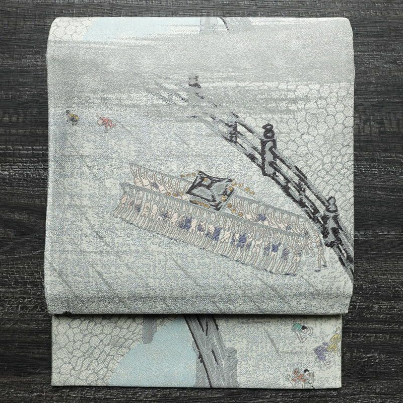 袋帯 六通柄 フォーマル用 正絹 風景柄 金糸 グレー_画像1