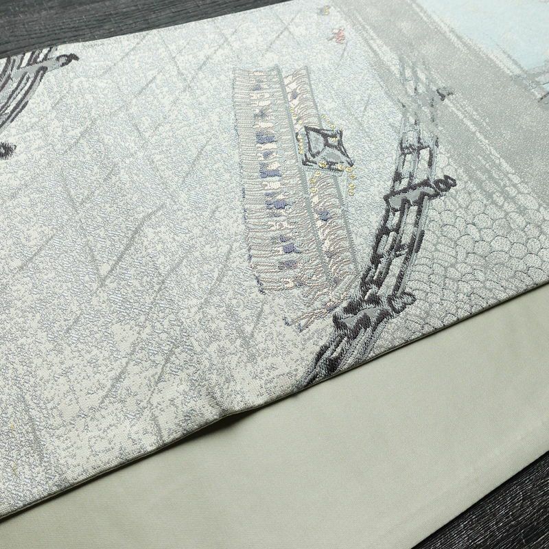 袋帯 六通柄 フォーマル用 正絹 風景柄 金糸 グレー_画像12