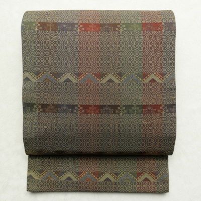 袋帯 紬地 全通柄 良品 一般用 正絹 縞柄・線柄 多色使い | 全通柄