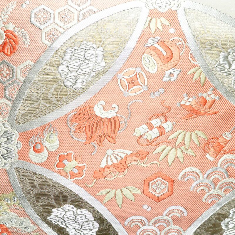 袋帯 六通柄 フォーマル用 正絹 七宝 古典柄 箔 グレー_画像2