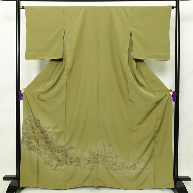 付け下げ 良品 スワトウ刺繍 正絹 古典柄 袷仕立て 身丈165.5cm 裄丈65.5cm 刺繍 緑・うぐいす色_画像1