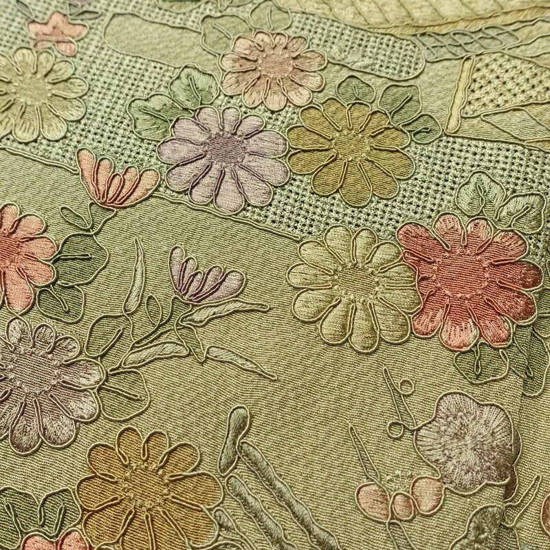 付け下げ 良品 スワトウ刺繍 正絹 古典柄 袷仕立て 身丈165.5cm 裄丈65.5cm 刺繍 緑・うぐいす色_画像9