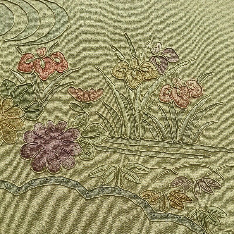 付け下げ 良品 スワトウ刺繍 正絹 古典柄 袷仕立て 身丈165.5cm 裄丈65.5cm 刺繍 緑・うぐいす色_画像13