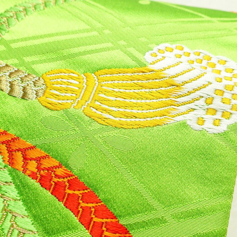 袋帯 六通柄 振袖用 正絹 古典柄 緑・うぐいす色_画像3