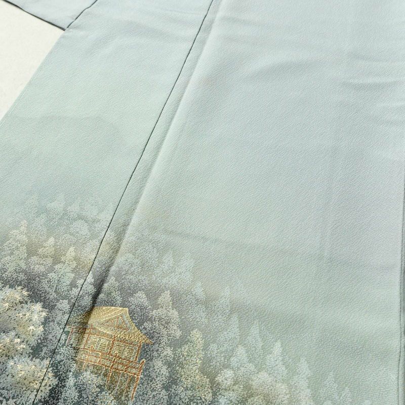 付け下げ しつけ糸付き 縮緬 正絹 風景柄 袷仕立て 身丈165cm 裄丈68cm 箔 金彩 青・紺_画像5