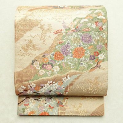 袋帯 六通柄 良品 フォーマル用 正絹 古典柄 金通し ベージュ