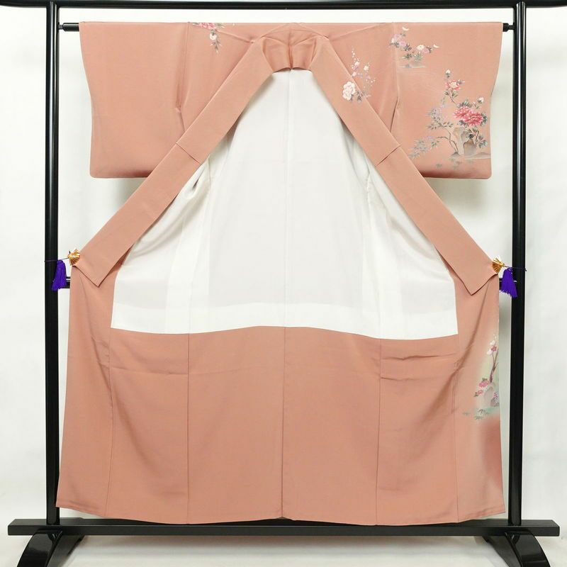 訪問着 落款入り 縮緬 正絹 花柄 袷仕立て 身丈155.5cm 裄丈64cm 箔 ピンク_画像3