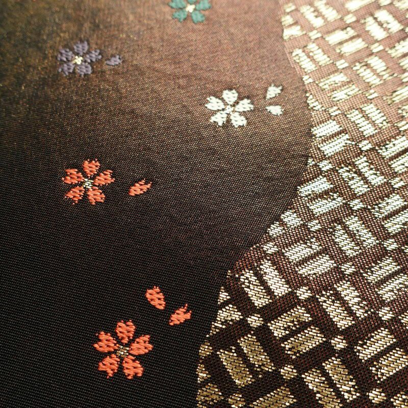 袋帯 六通柄 フォーマル用 正絹 花柄 箔 茶_画像6